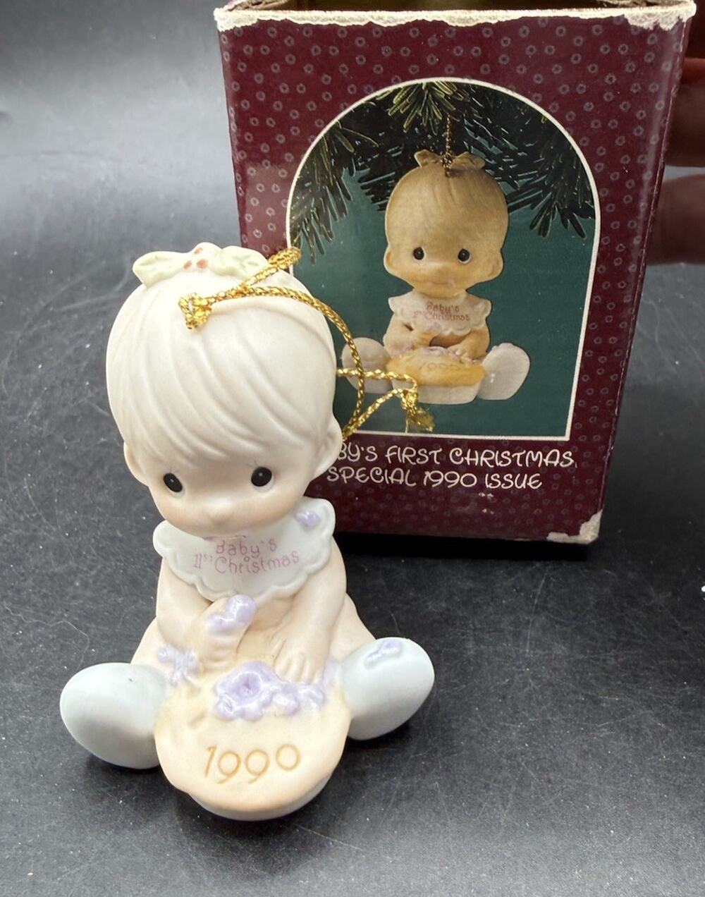 Precious Moments Christmas Ornament 1990 Baby's First Christmas Girl EUC -52D